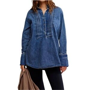Free People After Hours Denim Long Sleeve Tunic Top Jean Shirt Size S Oversized